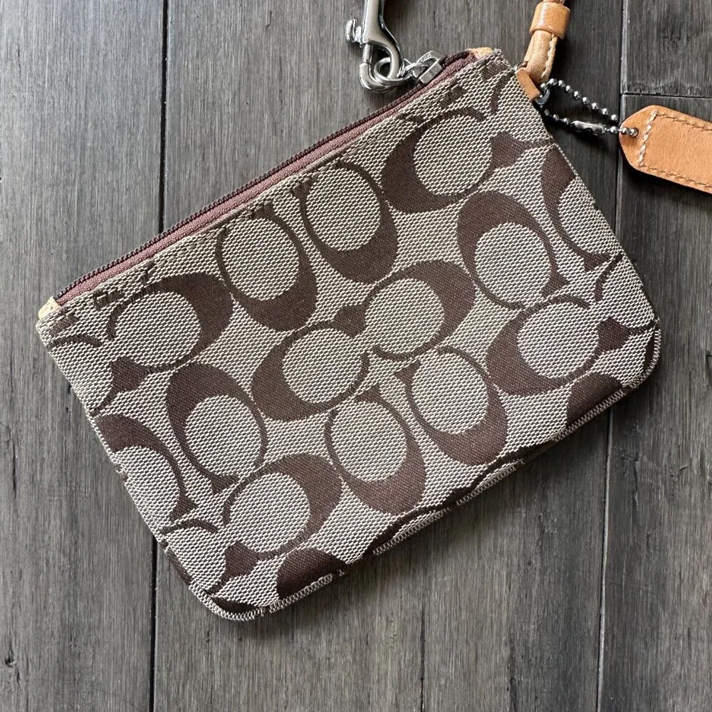 Vintage Y2K Coach Signature Canvas Khaki Tan Wristlet Wallet Mini Bag Purse
